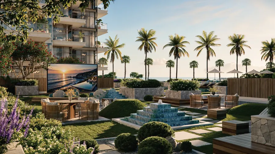 Terraced garden with cascading water and palms