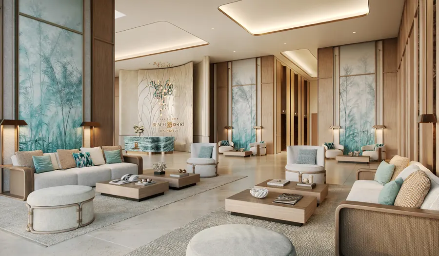 Entrance lobby with onyx walls and lounge seating
