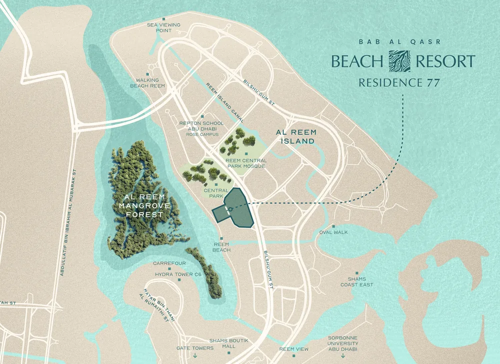 Map of Al Reem Island showing Residence 77 on the western shore beside the Al Reem mangrove forest