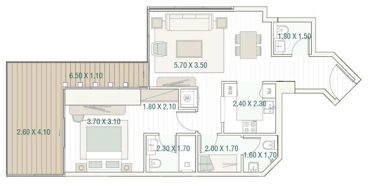 Typical one-bedroom floor plan with terrace